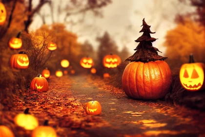 Halloween Pathway: A Journey through Autumn Leaves and Pumpkin Lanterns