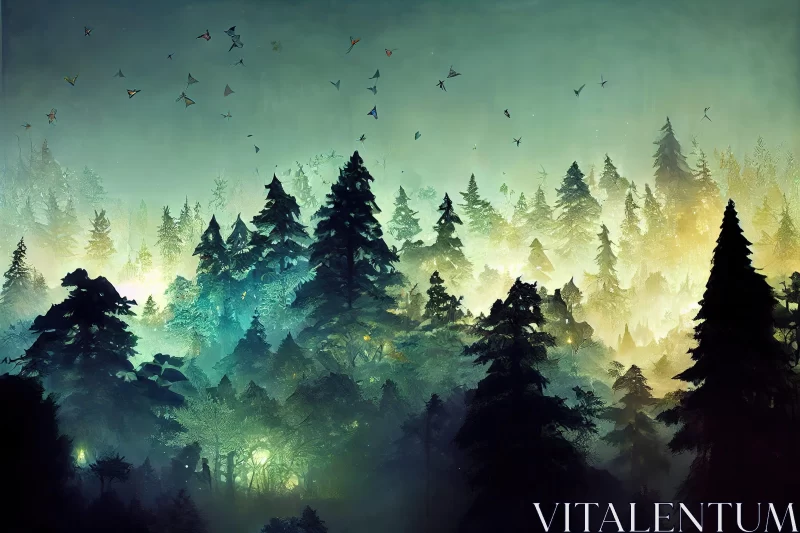 Mystic Night Forest - A Digital Art Landscape with Birds AI Image
