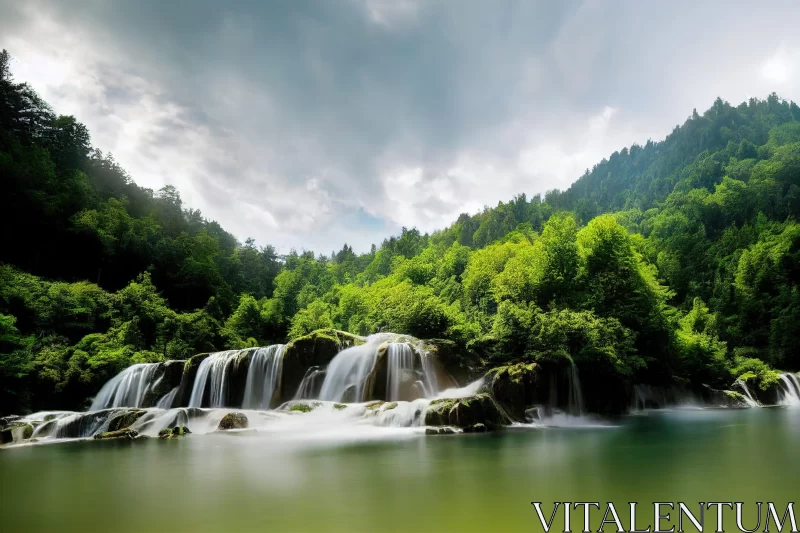 Tranquil Waterfall in Forest - Chinese Traditional Aesthetics AI Image