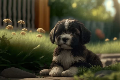 Black and White Puppy on Grass: A Detailed Still Life