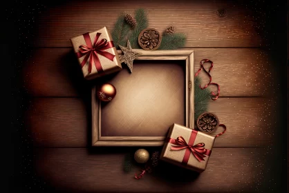 Christmas Frame with Presents on Rustic Wood Background