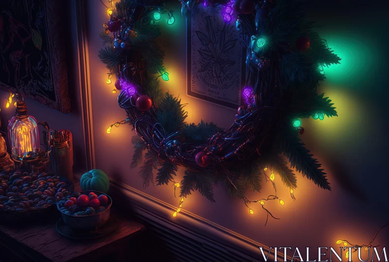 Christmas Wreath Decorated in a Lush and Moody Room AI Image