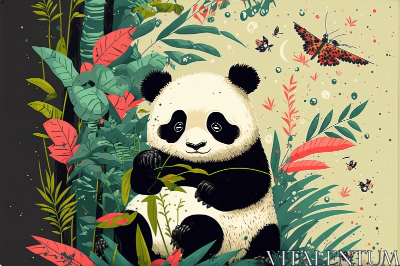 Intricate Panda Illustration Amidst Jungle and Butterflies AI Image