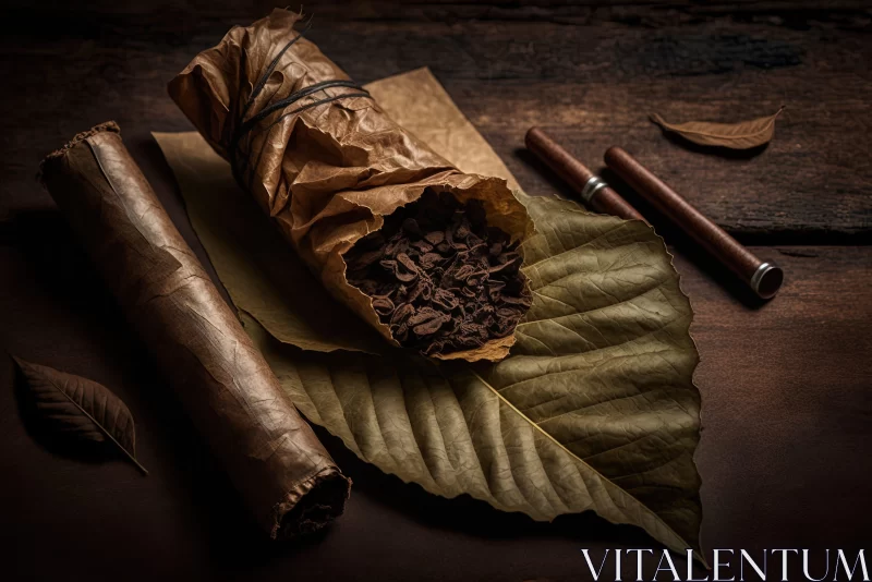 Monochromatic Masterpiece: Cigars and Leaves on a Wooden Background AI Image