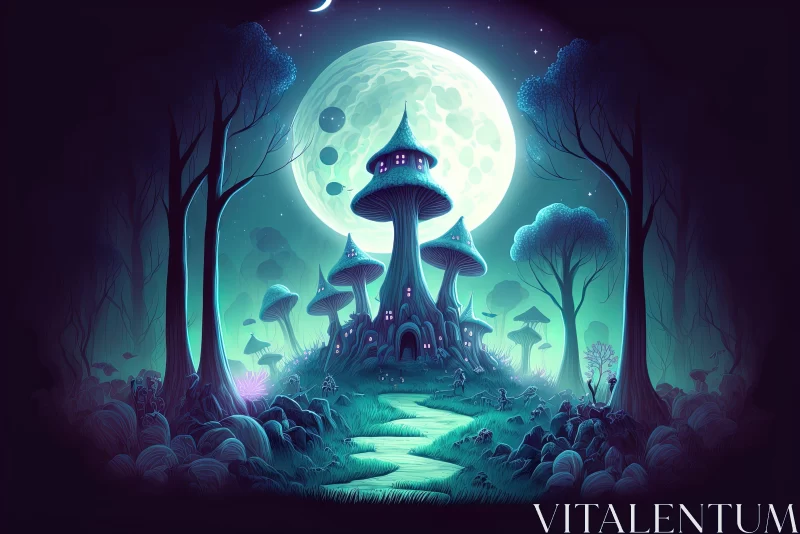 Moonlit Mushroom Village within Enchanted Forest AI Image