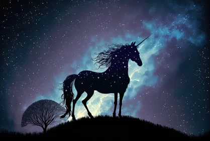 Silhouette of Unicorn in Night Sky with Fantastical Elements