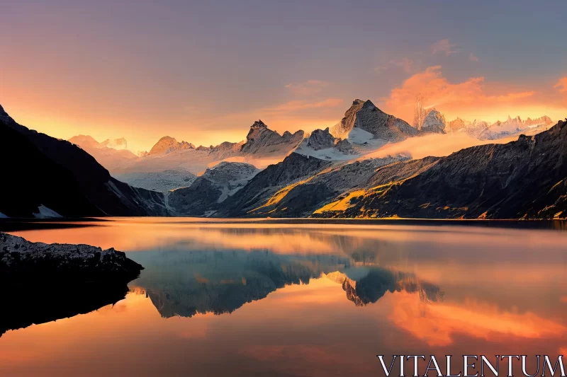 Swiss Style Mountain Lake at Sunset AI Image