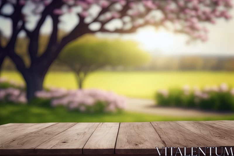 Wooden Table Amidst Cherry Trees - A Serene Nature Scene AI Image