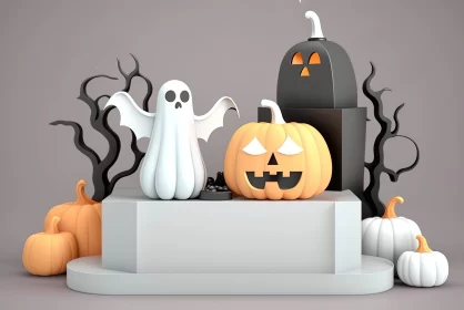 3D Halloween Scene with Pumpkins and Ghost