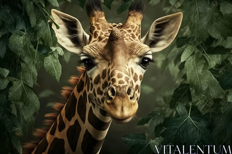 Giraffe in Tropical Foliage: An Exquisite Animal Portrait AI Image