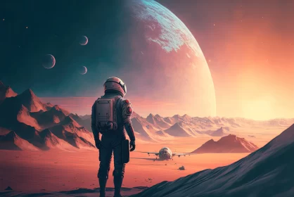 Mysterious Figure in Alien Landscape with Planets and Spacecraft AI Image