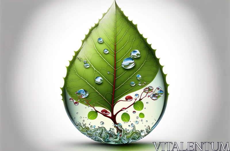 Surrealistic Green Leaf with Water Droplets - An Intricate Illustration AI Image