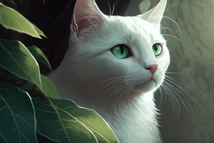 White Cat with Green Eyes in Forest - Charming Character Illustration