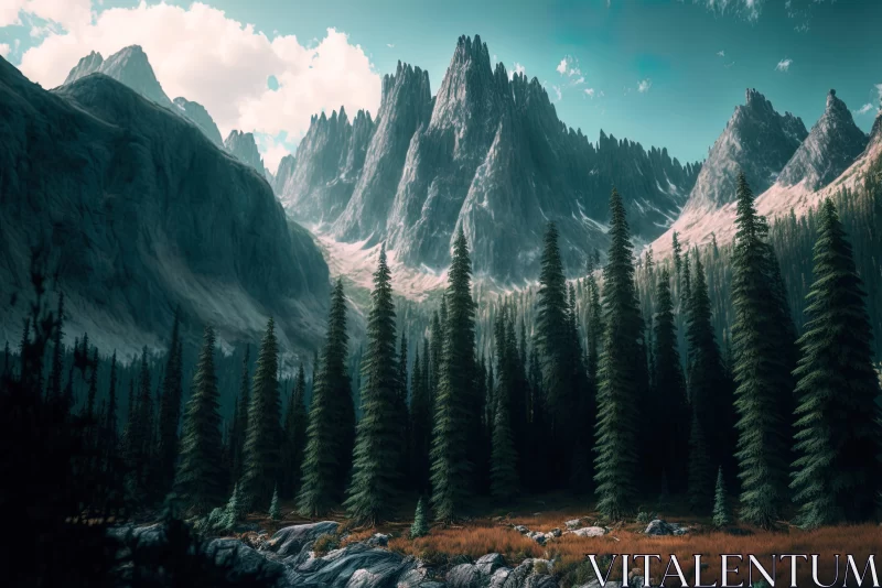 Majestic Pine Forest and Mountains Landscape AI Image