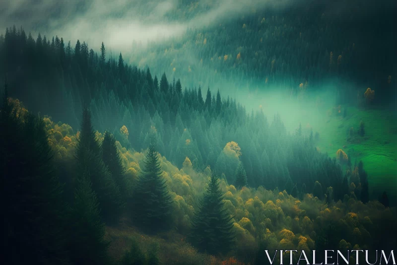 Moody Foggy Landscape in Ukrainian Pine Forests AI Image