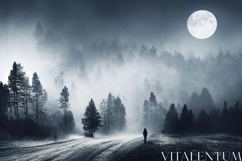 Moonlit Journey through a Haunting Norwegian Forest AI Image