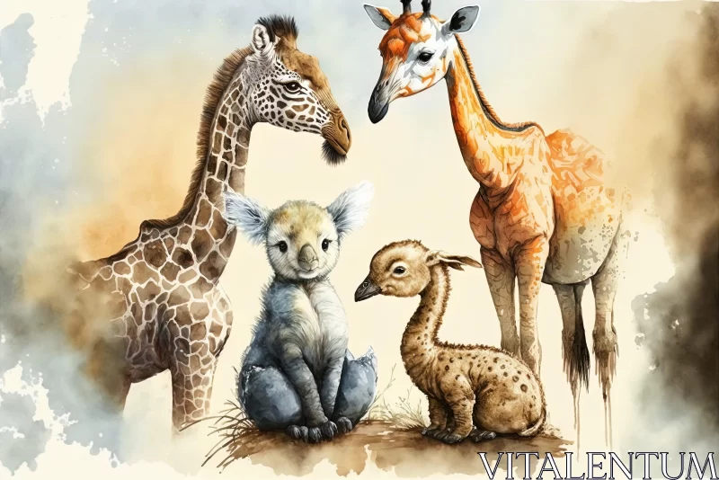 Watercolor Painting of Giraffe, Lion, Bird and Child with Australian Motifs AI Image