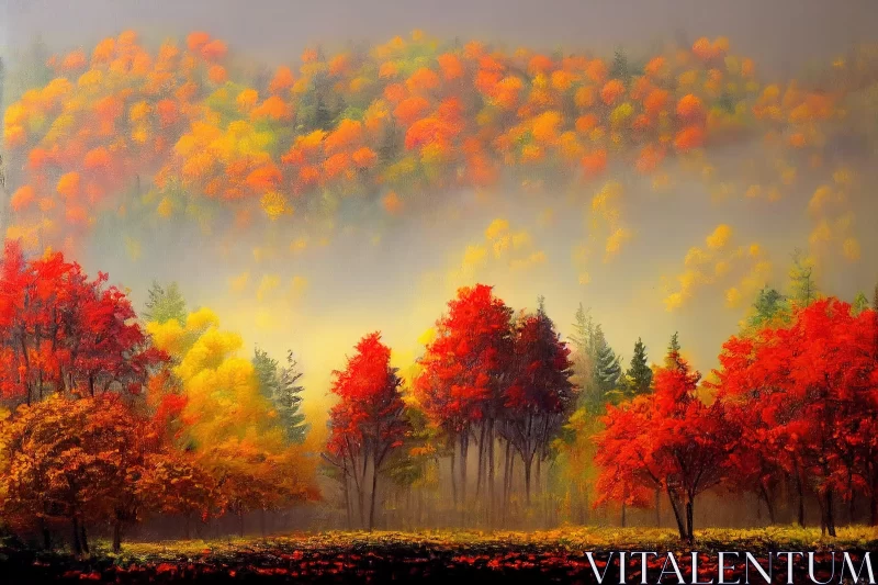 Autumn Forest Landscape Painting - Misty Yellow and Red Trees AI Image