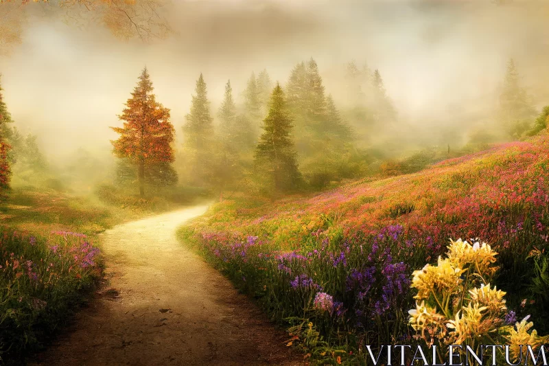 Enchanting Foggy Path Amidst Colorful Flowers in a Fantasy Landscape AI Image