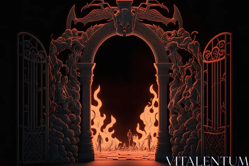 AI ART Flaming Demon Gate in Monochromatic Landscape