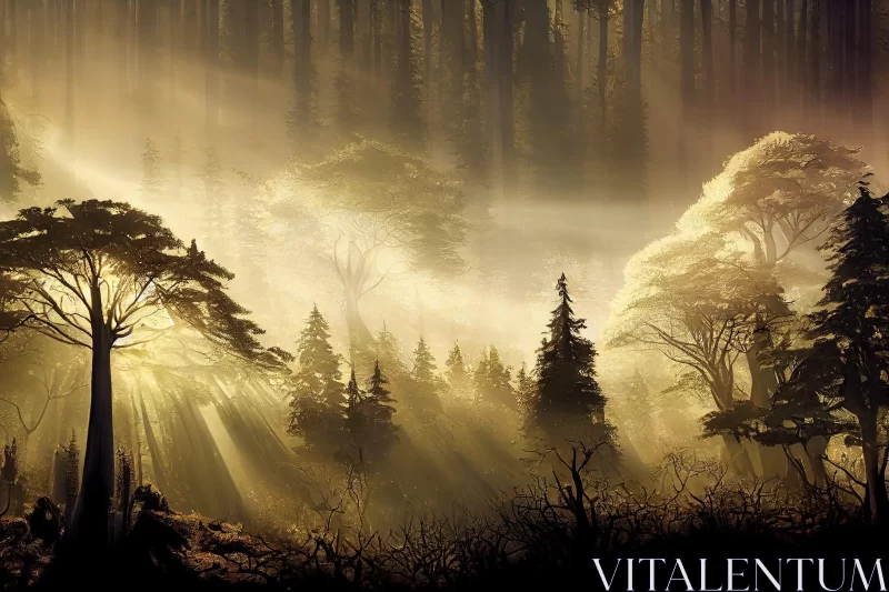 Epic Fantasy-Style Sunrise Illuminating a Misty Forest AI Image