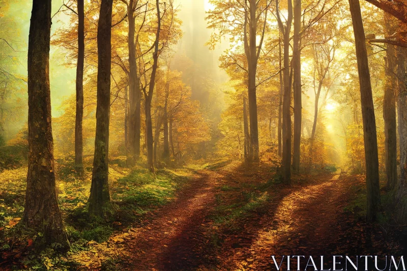 Golden Autumn Forest Path with Sun Rays - Pastoral Charm AI Image