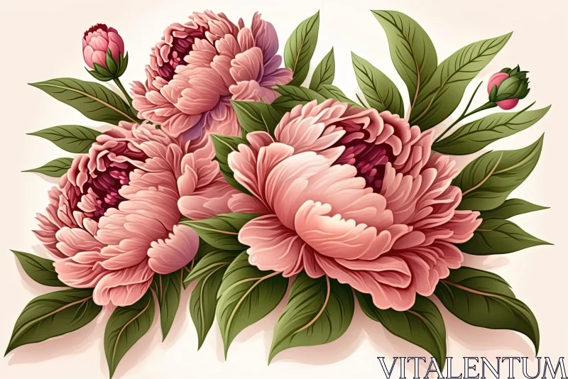 Pink Peonies with Green Leaves and Gold Ribbon Artwork AI Image