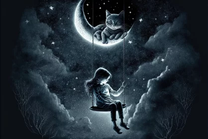 Surreal Night Dreamscape: Girl with Kitten on Swing AI Image