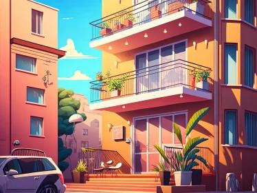 Charming Cartoon Cityscape with Detailed Foliage and Warm Tones AI Image