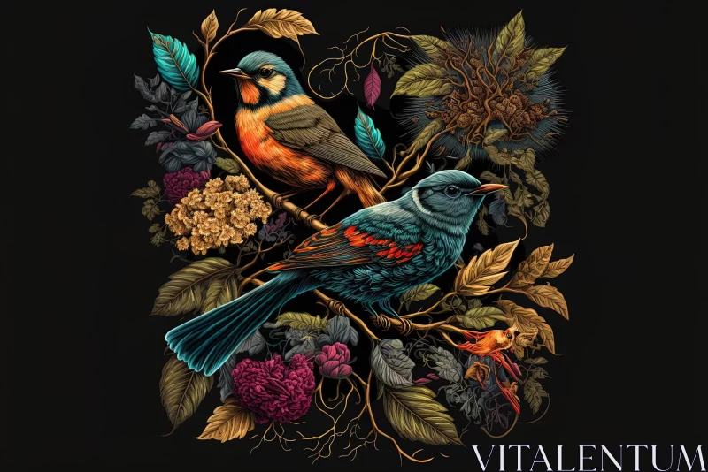 Detailed Illustration of Colorful Birds Amidst Natural Scenery AI Image