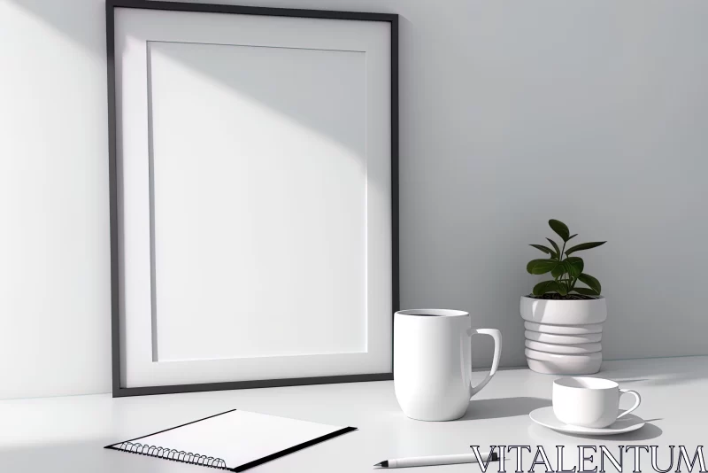 Minimalist Precisionist Art - Empty Frame, Notepad, and Coffee Mug 3D Illustration AI Image