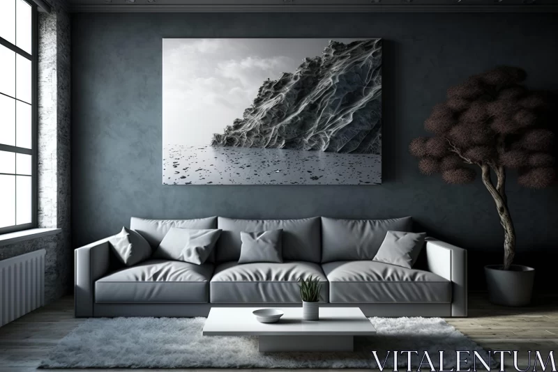 Monochrome Seascape Painting in Living Room with Grey Couch AI Image