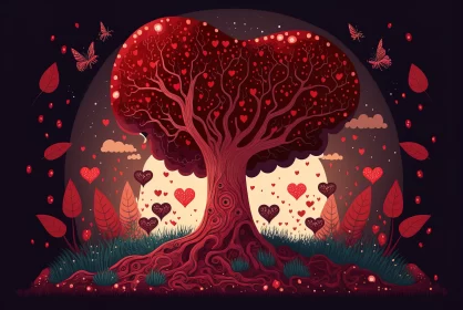 Nightmarish Illustration of a Tree with Hearts AI Image