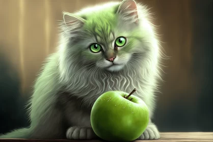 Realistic Fantasy Artwork: A Green Cat and an Apple