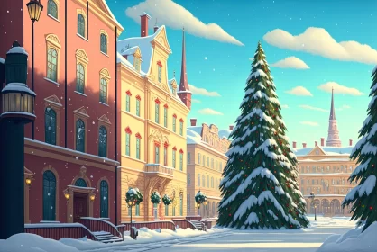 Snowy Christmas Street Scene: A Neo-classic 2D Game Art Illustration AI Image