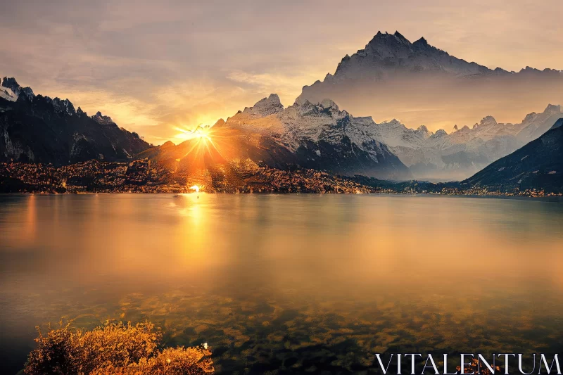 Sunrise Over Mountain Landscape: A Swiss Style Fantasy AI Image