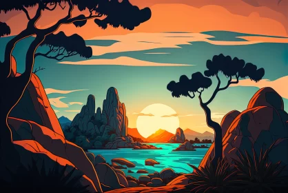 Art Nouveau Sunset: Bold, Flat Colors in a Tropical Landscape AI Image