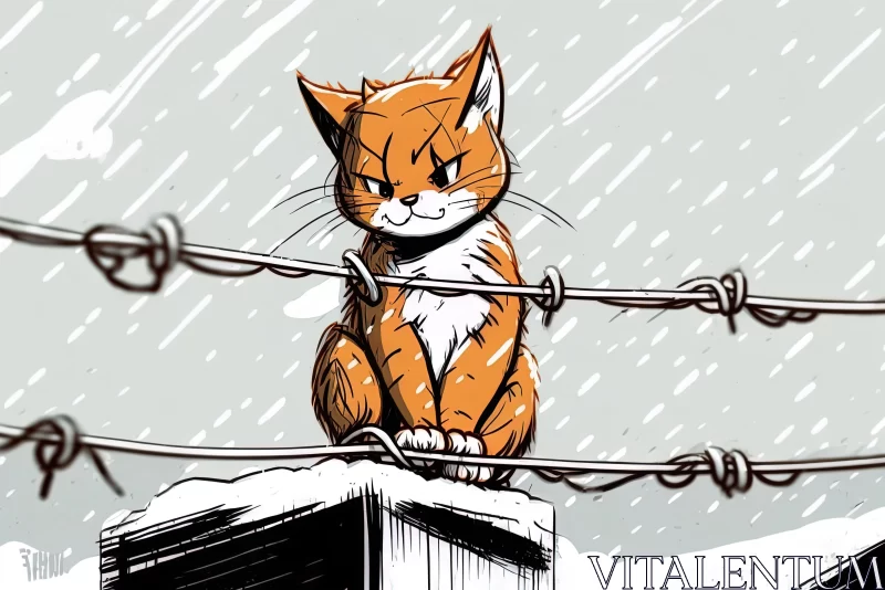 Graphic Novel Style Illustration of an Orange Cat in Snow AI Image