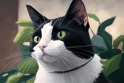 Intricate Digital Art of Black and White Cat with Detailed Foliage