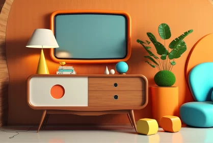 Retro Orange Room with Vibrant 3D Elements AI Image