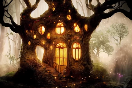 Enchanting Fairy House Wallpaper Amidst Amber Forest AI Image