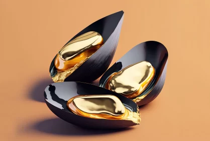 Golden Shells and Black Mussels - A Minimalist Art AI Image