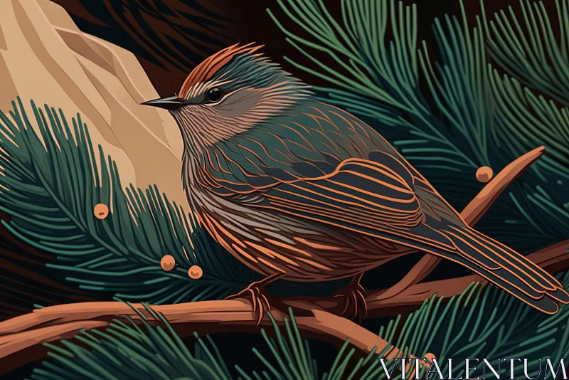 Bird on Pine Branch: Warm Palette and Detailed Illustration AI Image