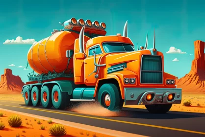 Orange Truck in Desertpunk Setting - Cartoon Realism and 2D Game Art AI Image