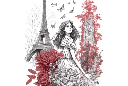 Vintage Paris Illustration: Girl and Eiffel Tower AI Image