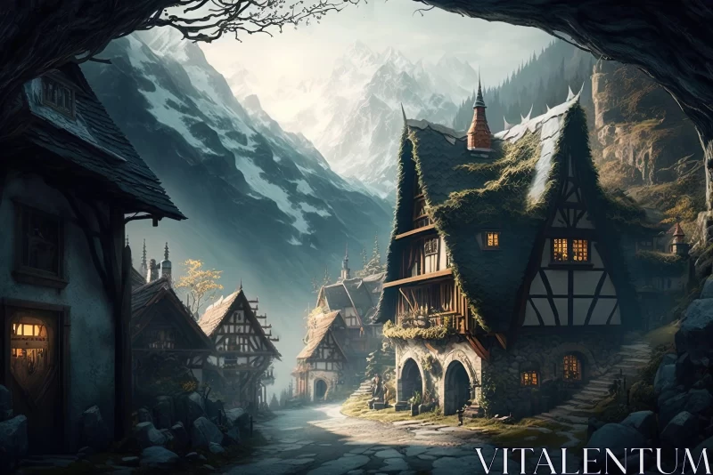 Fantasy Village under Mountain - Atmospheric Portraits of an Old-World Town AI Image