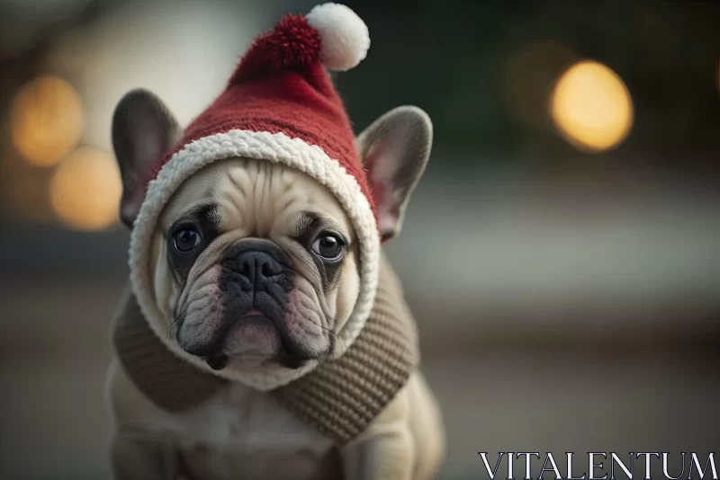 Festive French Bulldog in Christmas Hat AI Image