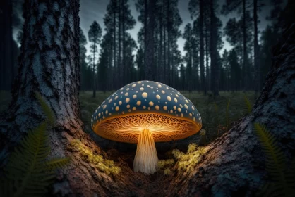 Mystical Blue Mushroom in Night Forest - Photorealistic Art AI Image