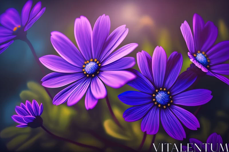 Purple Flowers on a Black Background: A Detailed Illustration AI Image