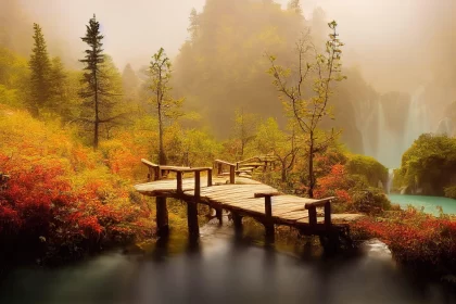 Autumnal Waterfall Bridge - A Celebration of Nature's Beauty AI Image